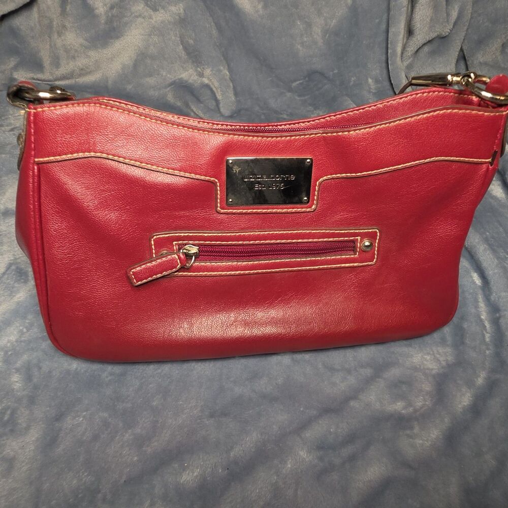 Liz Claiborne Est 1976 Red Shoulder Bag Faux Leather Contrast Stitching Purse